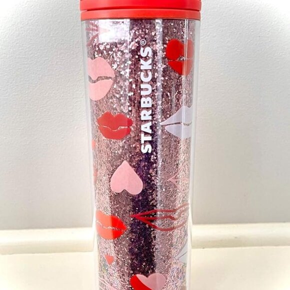 Starbucks Valentine's Day Red Lips Pink Hearts with Glitter Insulated Tumbler - Picture 1 of 11